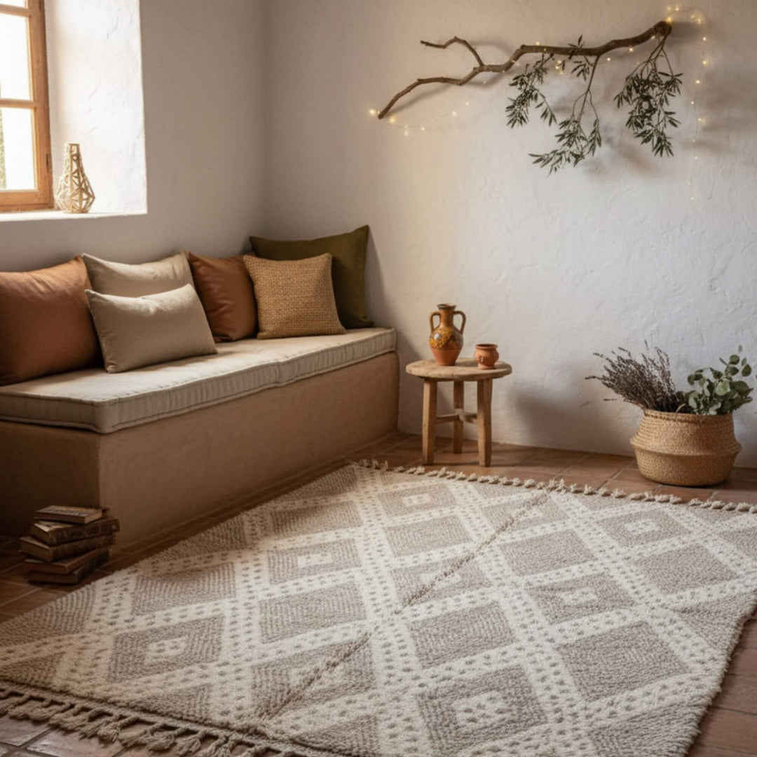 Cozy living space featuring the Moroccan Rug with earthy and warm decor.