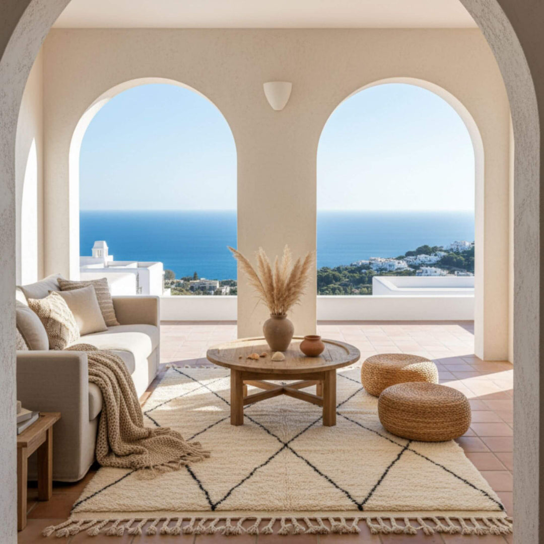 Mediterranean-style living room featuring the Moroccan Rug under a coffee table.