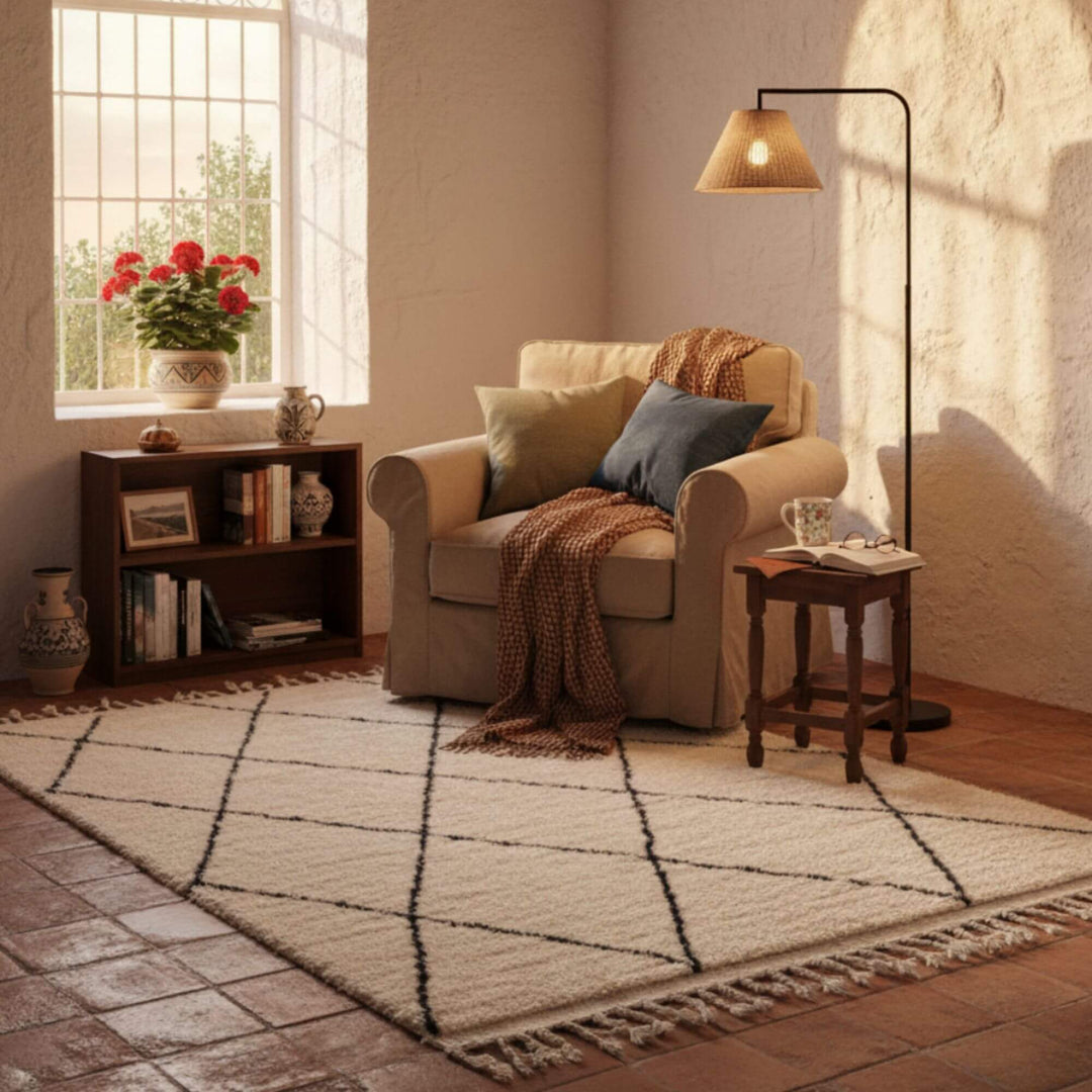 Cozy reading corner with the Moroccan Rug adding warmth and texture.