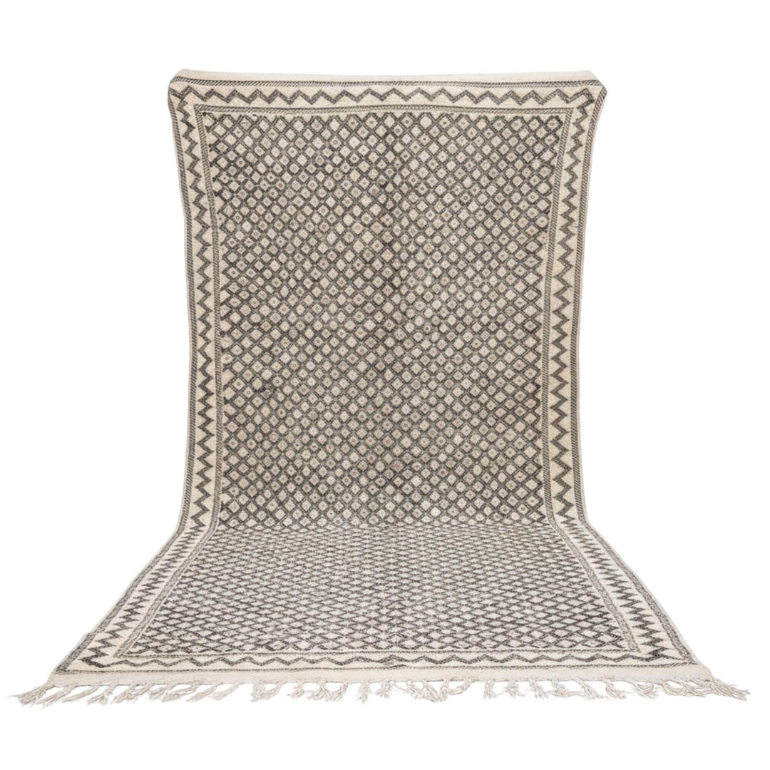Front view of the Moroccan Rug in cream and grey geometric wool pattern.