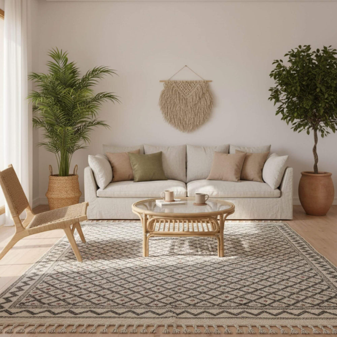 Living room decorated with the Moroccan Rug under a coffee table.