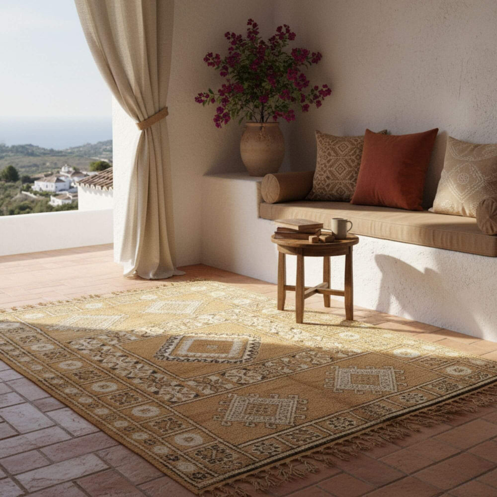 Bright interior featuring the Moroccan Rug paired with warm natural décor.