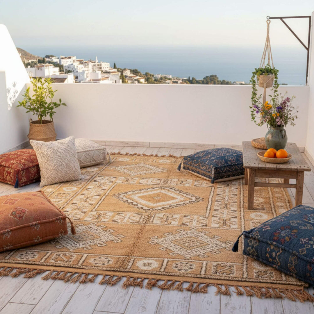 Outdoor terrace setting showcasing the Moroccan Rug with cushions and Mediterranean vibes.