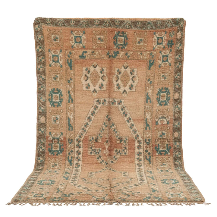 Front view of the Moroccan Rug in terracotta, beige and green wool with traditional motifs.