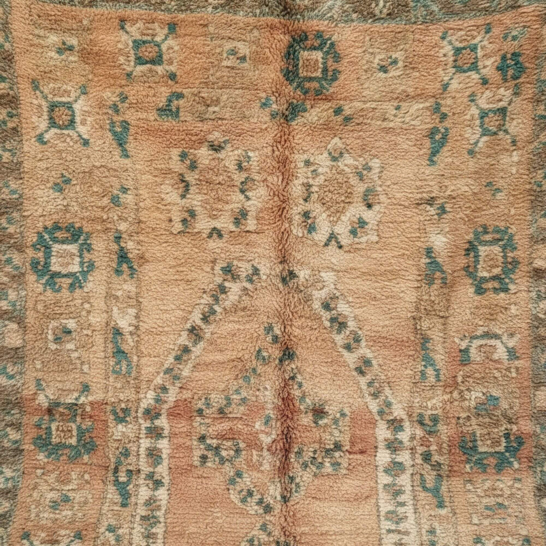 Close-up of the Moroccan Rug’s intricate handwoven geometric pattern.