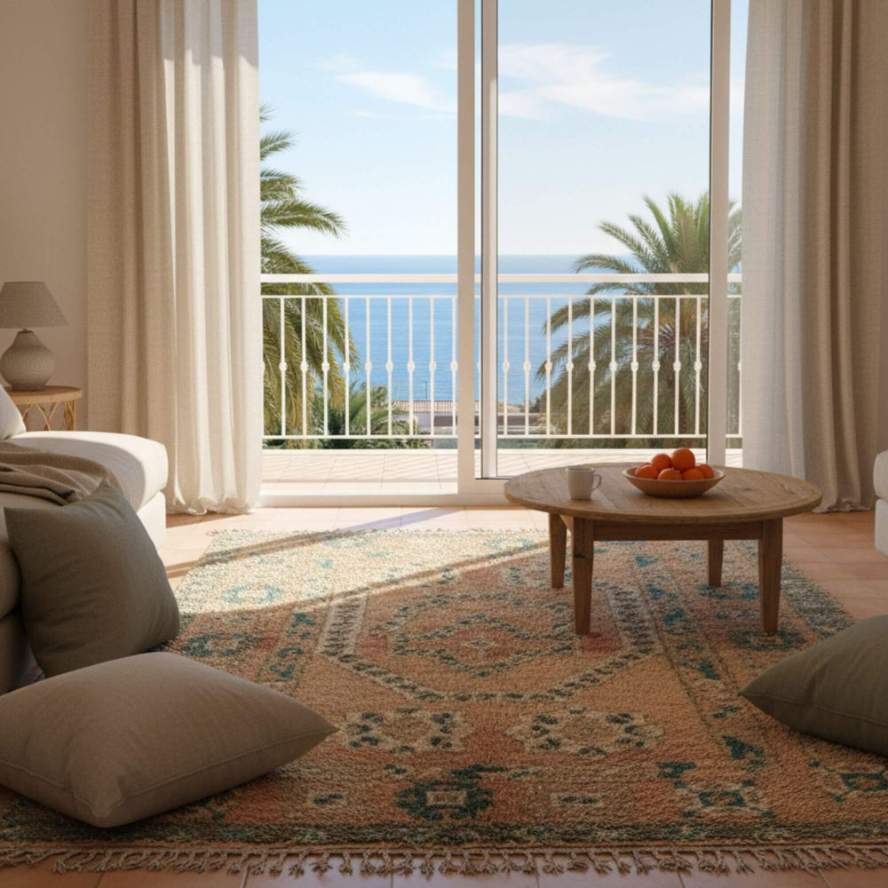 Bright interior with the Moroccan Rug placed near large windows and natural light.