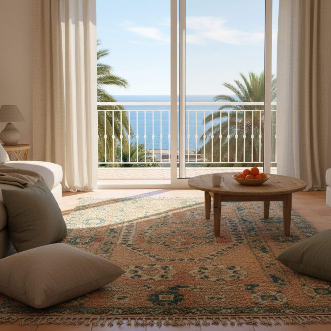 Bright interior with the Moroccan Rug placed near large windows and natural light.