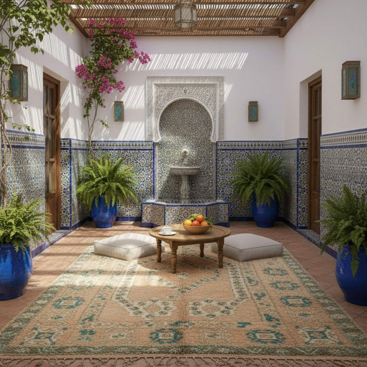 Outdoor patio scene featuring the Moroccan Rug with lush plants and Mediterranean decor.