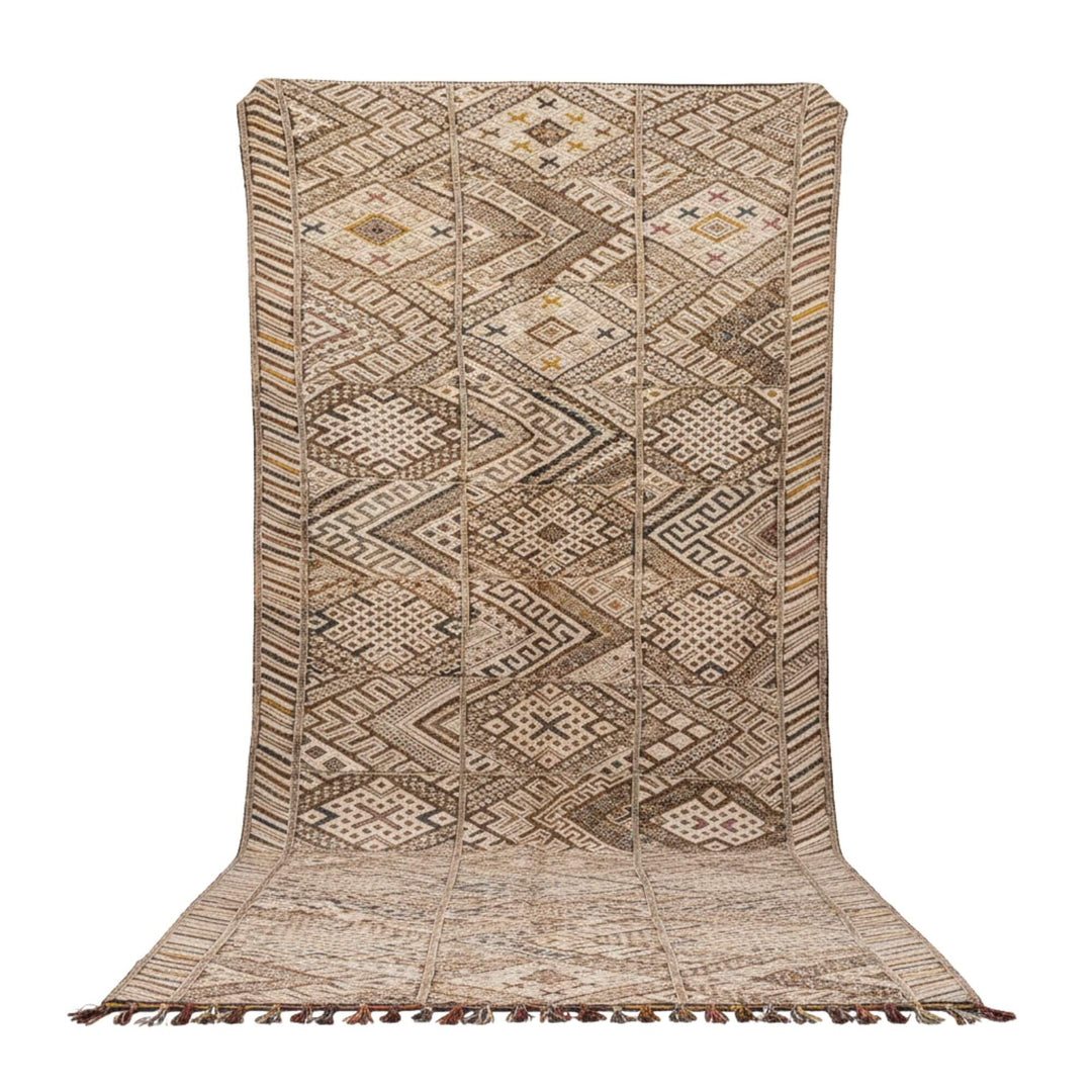 Front view of the Moroccan Rug in earthy beige and brown tones with geometric pattern.