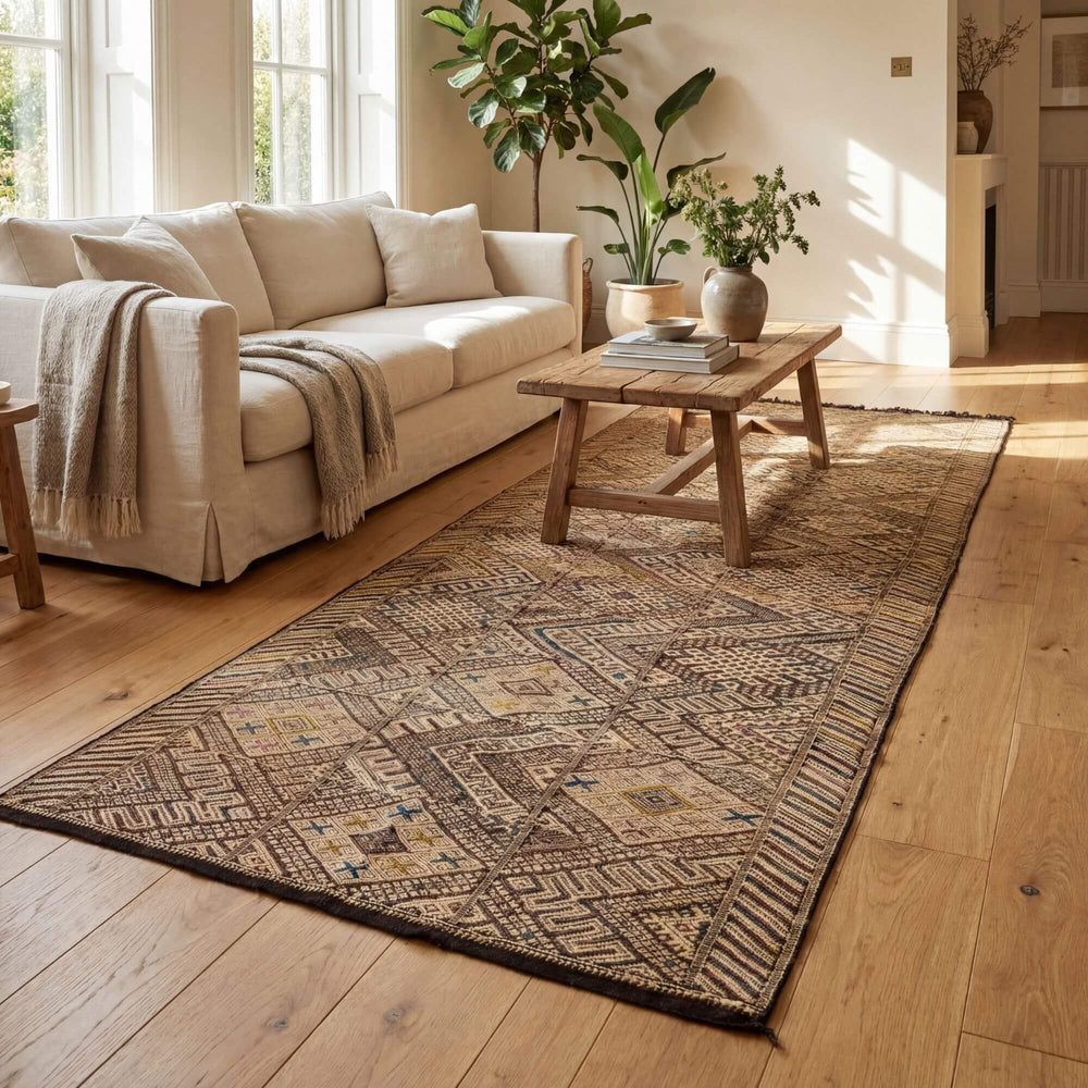 Living room setting featuring the Moroccan rug placed under a sofa.