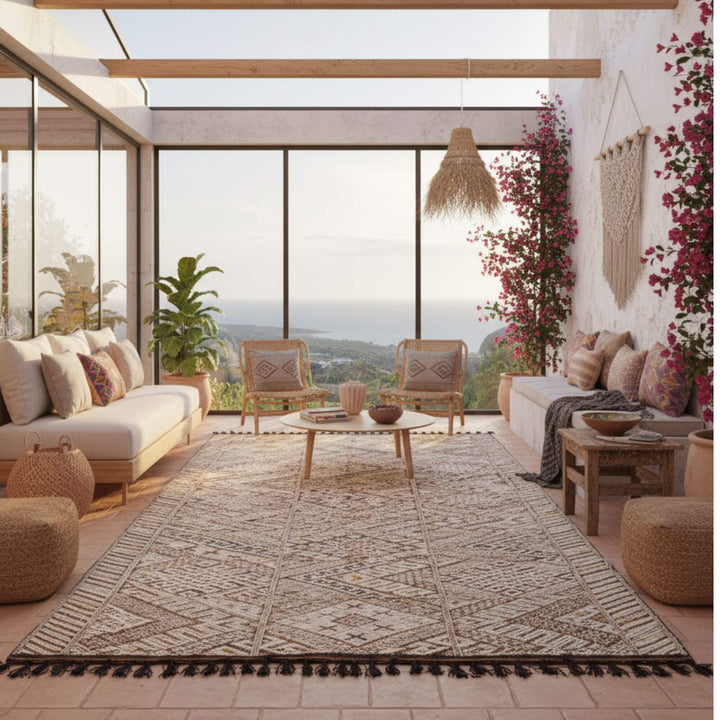 Living room setup featuring the Moroccan Rug with soft natural light.