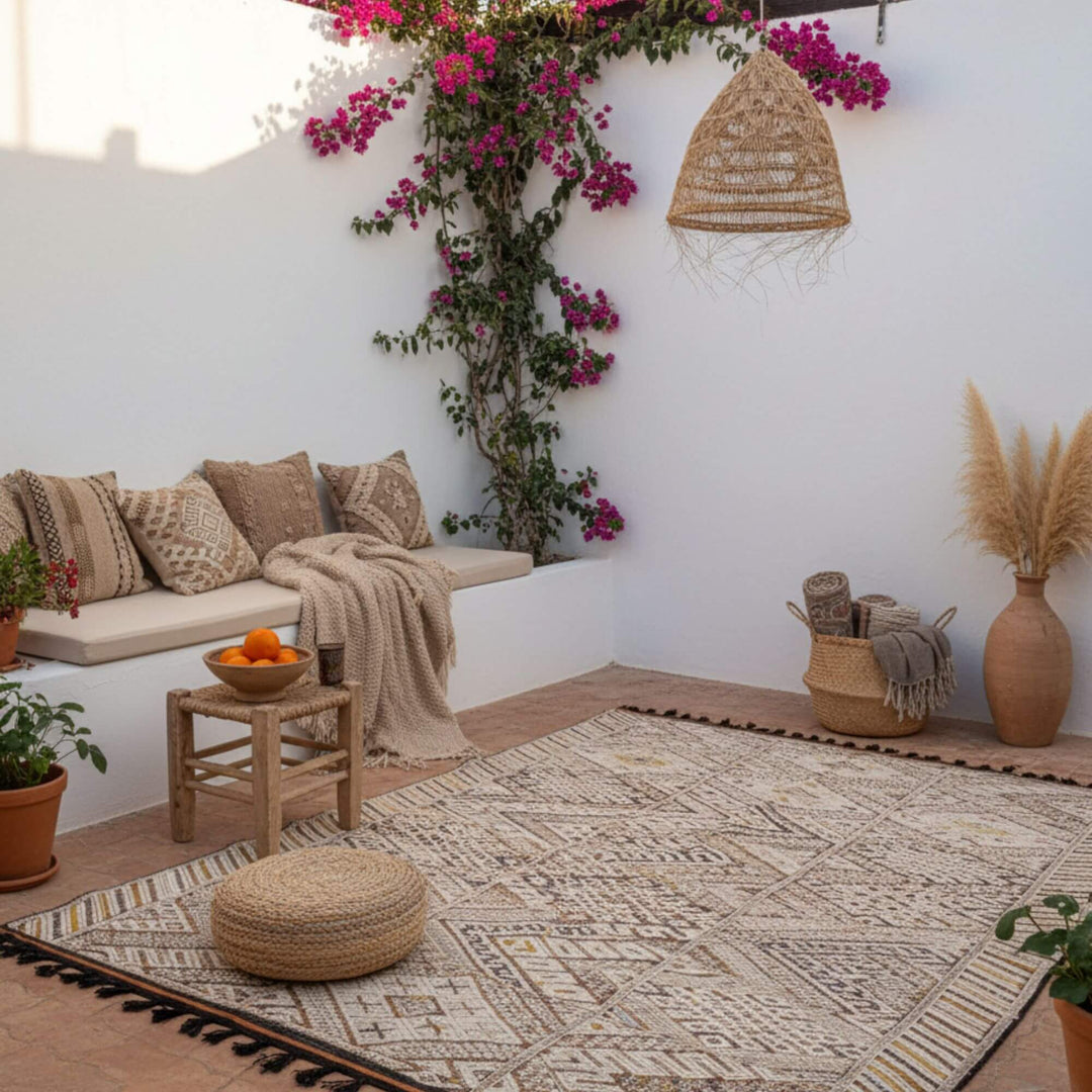 Outdoor terrace decorated with the Moroccan Rug in warm tones.