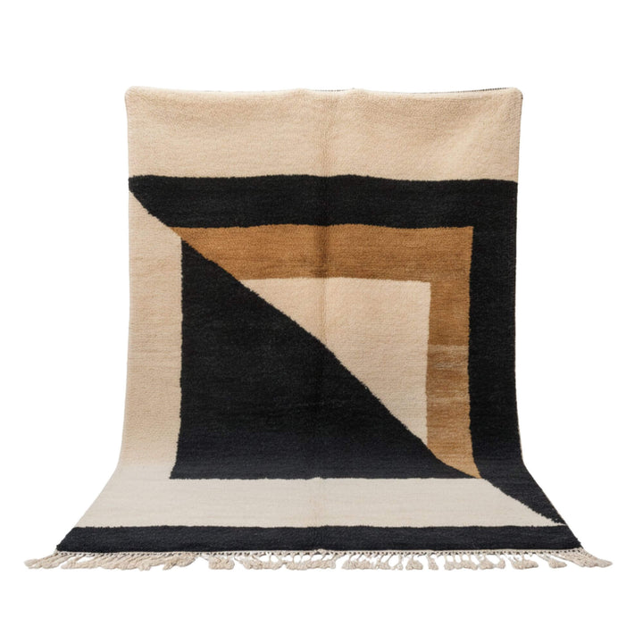 Front view of the Moroccan Rug in cream, camel and black geometric wool design.