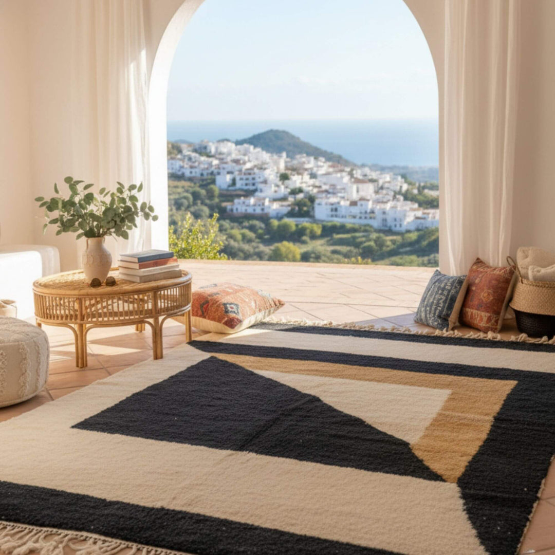 Interior scene with the Moroccan Rug in a living room with Mediterranean views.