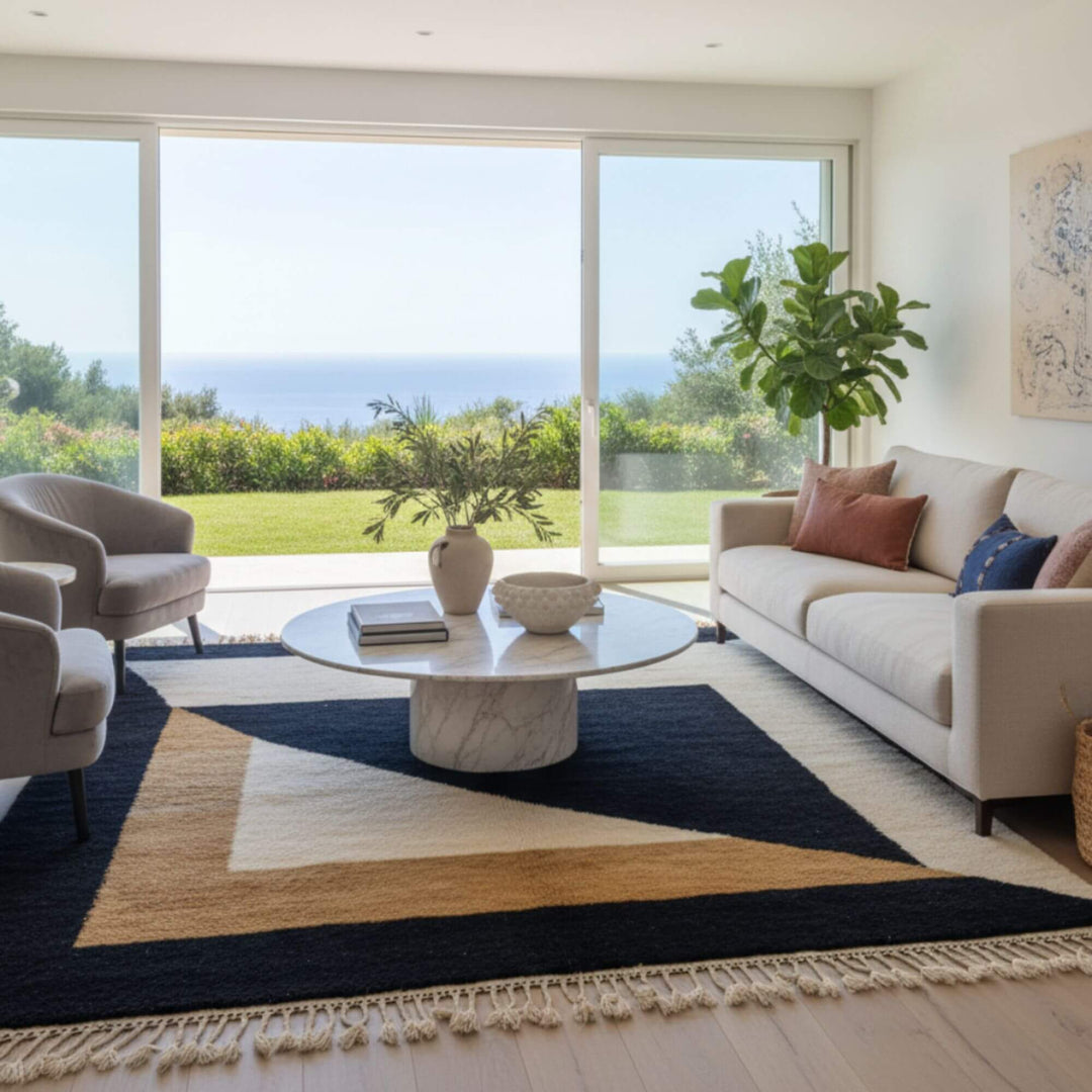 Bright modern living room featuring the Moroccan Rug under a round coffee table.
