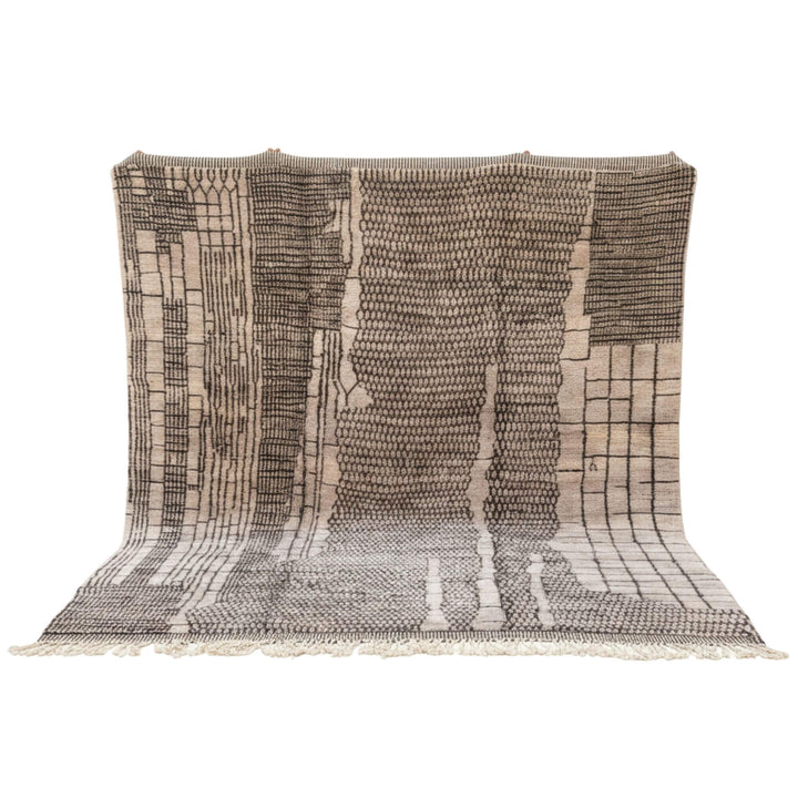 Front view of the large Moroccan Rug in taupe and cream geometric design.