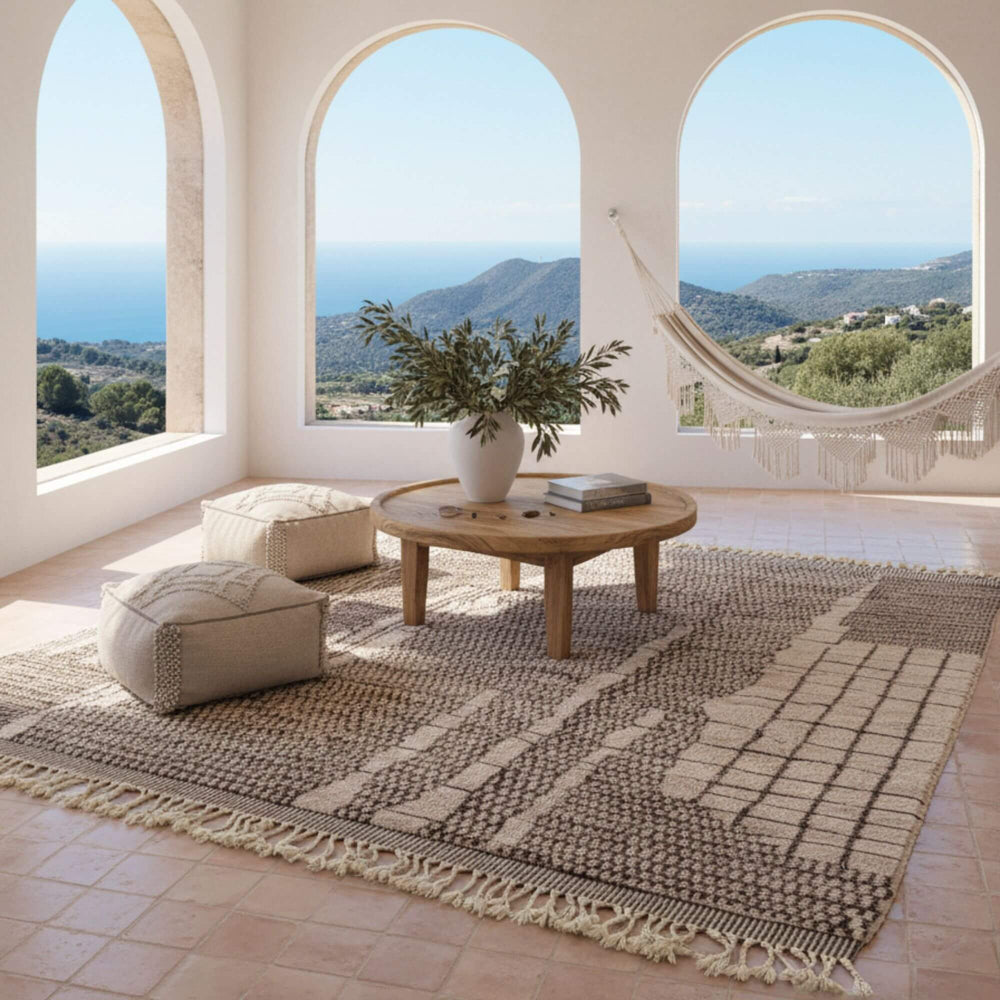 Bright Mediterranean interior styled with the Moroccan Rug in neutral tones.