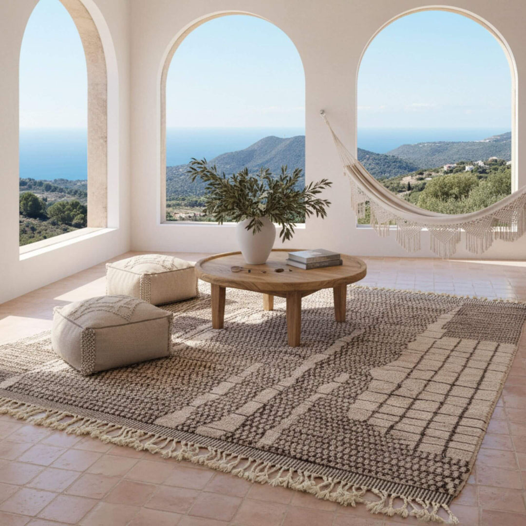 Bright Mediterranean interior styled with the Moroccan Rug in neutral tones.