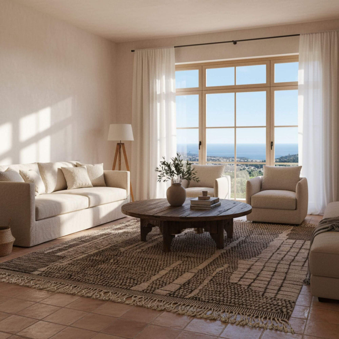 Cozy living room featuring the Moroccan Rug with warm, earthy décor.