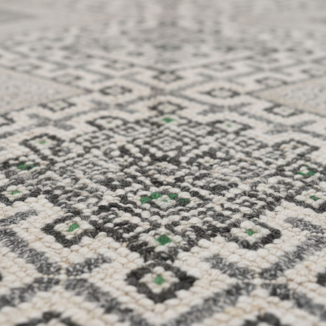 Close-up of the wool texture and intricate woven motifs.
