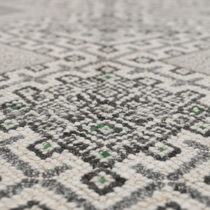 Close-up of the wool texture and intricate woven motifs.