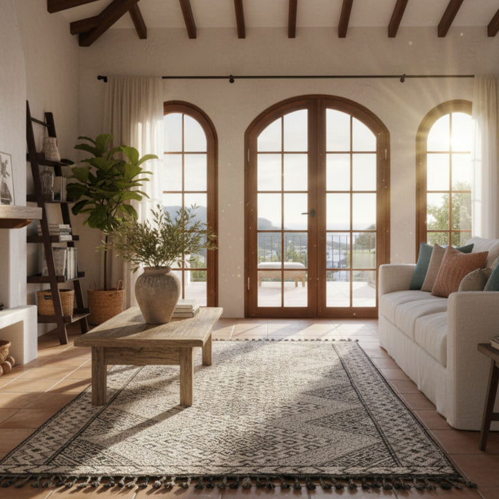 Mediterranean-style living room featuring the Moroccan rug under a central seating area.