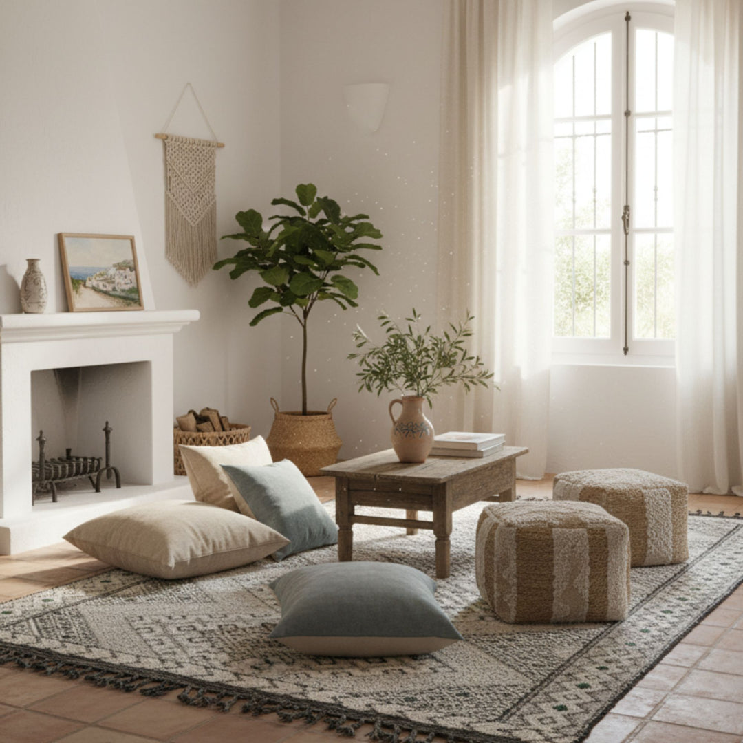 Warm rustic interior showcasing the Moroccan rug beside a cozy sofa and fireplace.