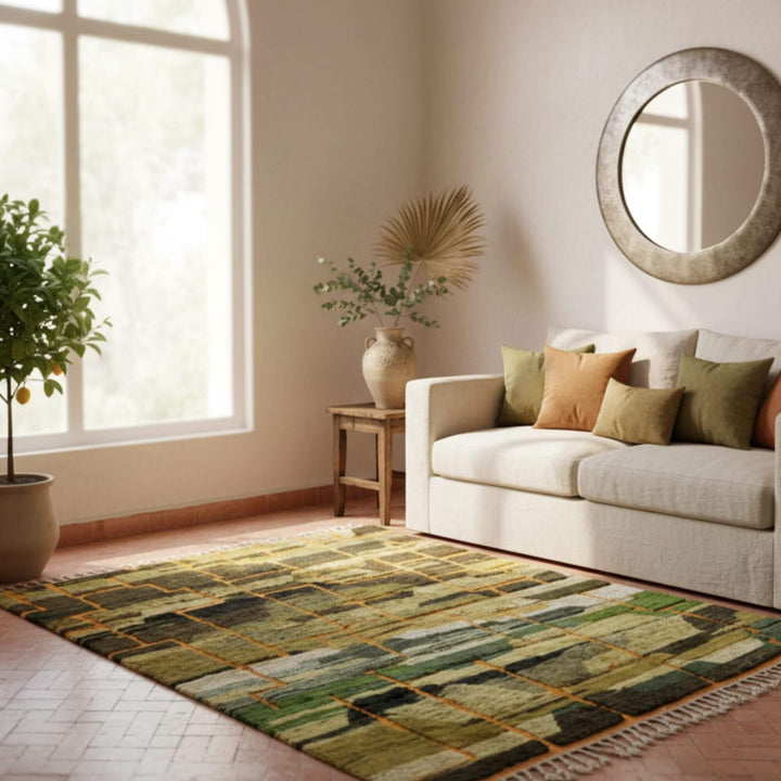 Bright living room featuring the Moroccan Rug as a bold statement piece.