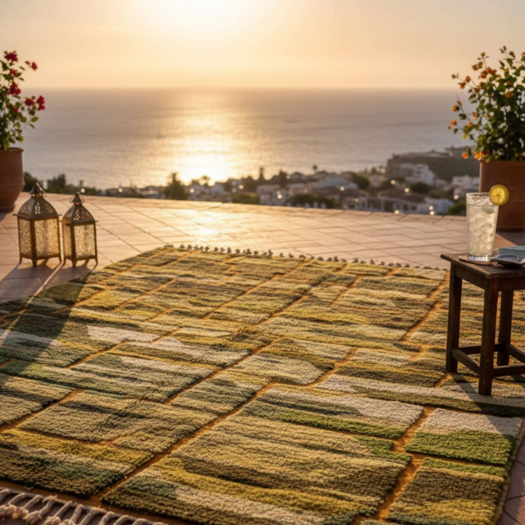 Outdoor terrace setup showcasing the Moroccan Rug with warm sunset lighting.