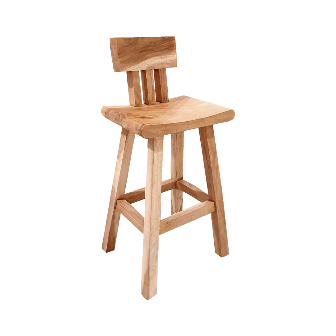 Front view of the Morotai Suar Bar Stool showcasing its solid wood structure and natural finish.