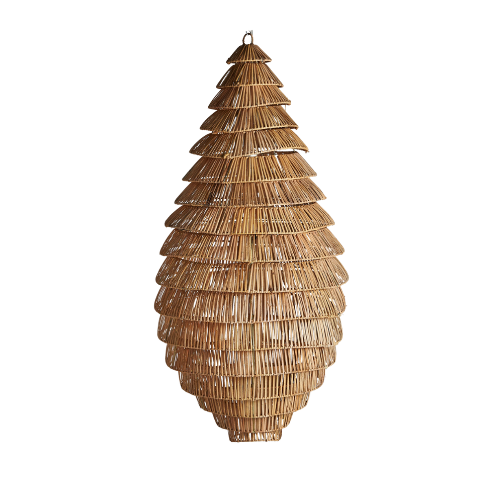 Moth ceiling lamp in natural rattan with teardrop shape hanging from a ceiling, front view.