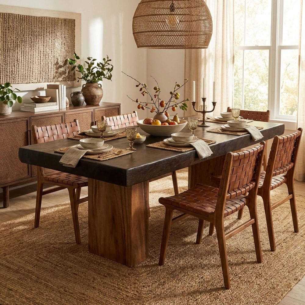 Styled dining room setting featuring the Motu Iti dining table as a bold centerpiece with natural textures.