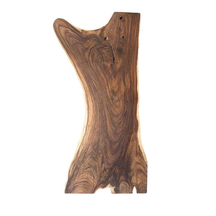 Top view highlighting the organic contours and sculptural base of the suar wood table.