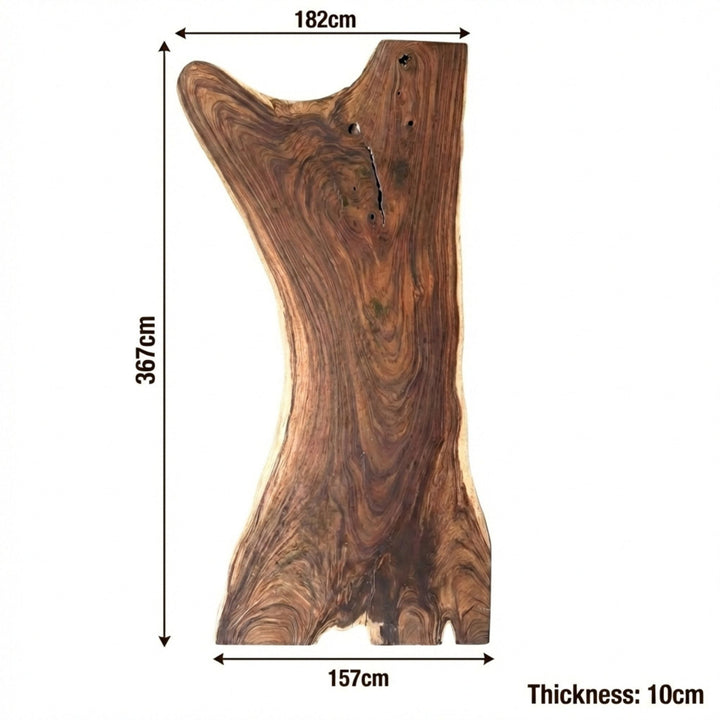 Top view highlighting the organic contours and sculptural base of the suar wood table.