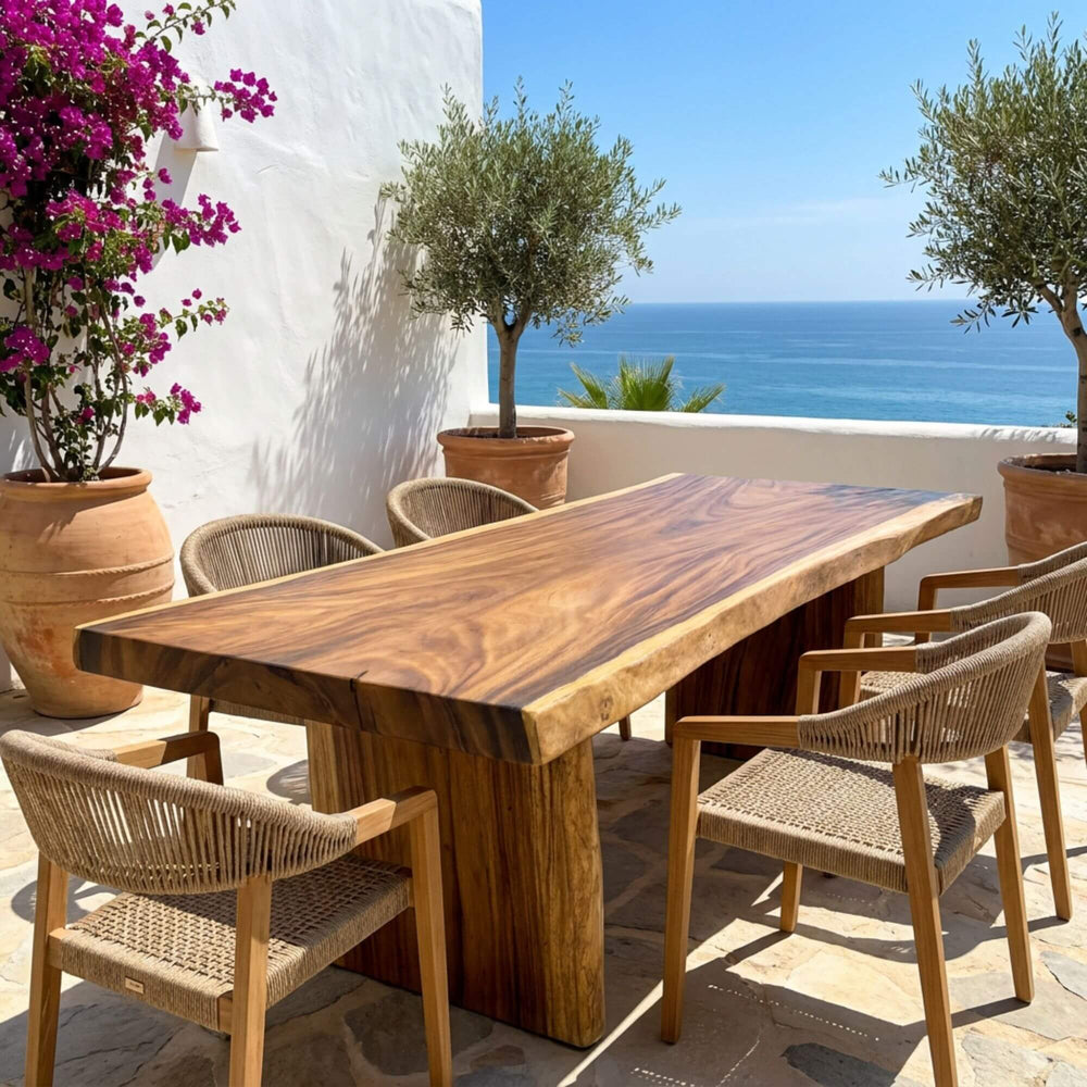 Styled outdoor dining setting featuring the Motu Nui table in a Mediterranean terrace with sea views.