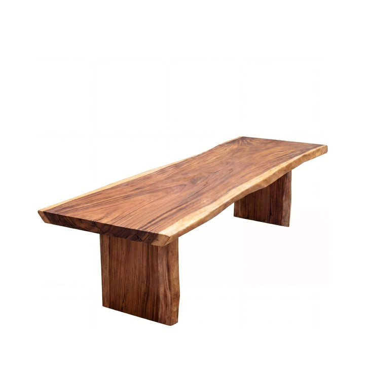 Front side view of the table showing its clean silhouette and rich natural wood tones.