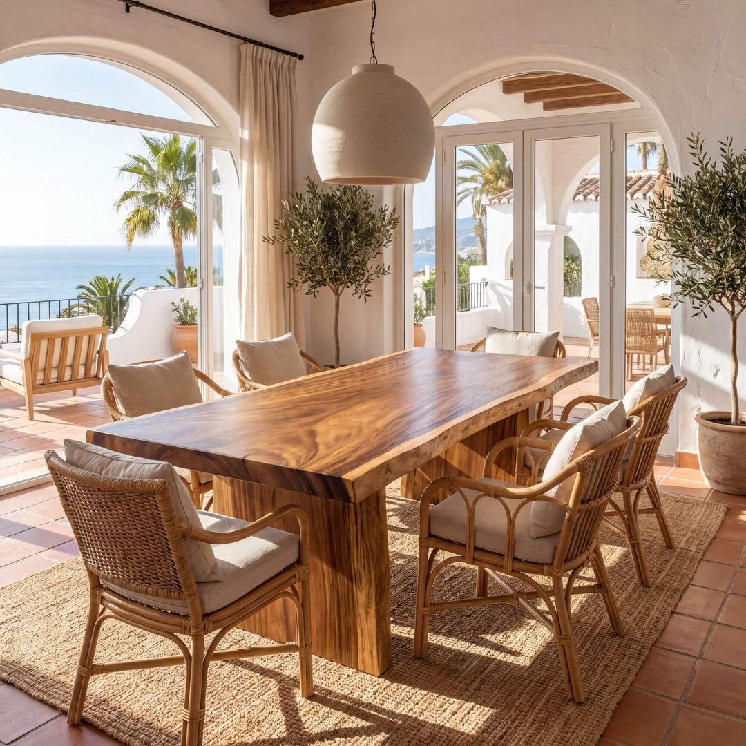 Styled indoor dining setting featuring the Motu Nui suar wood table in a warm natural interior.
