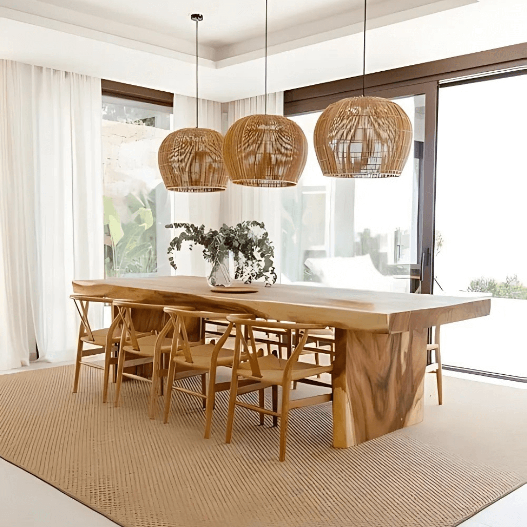 Dining area with a wooden table and chairs, featuring wicker pendant lights.