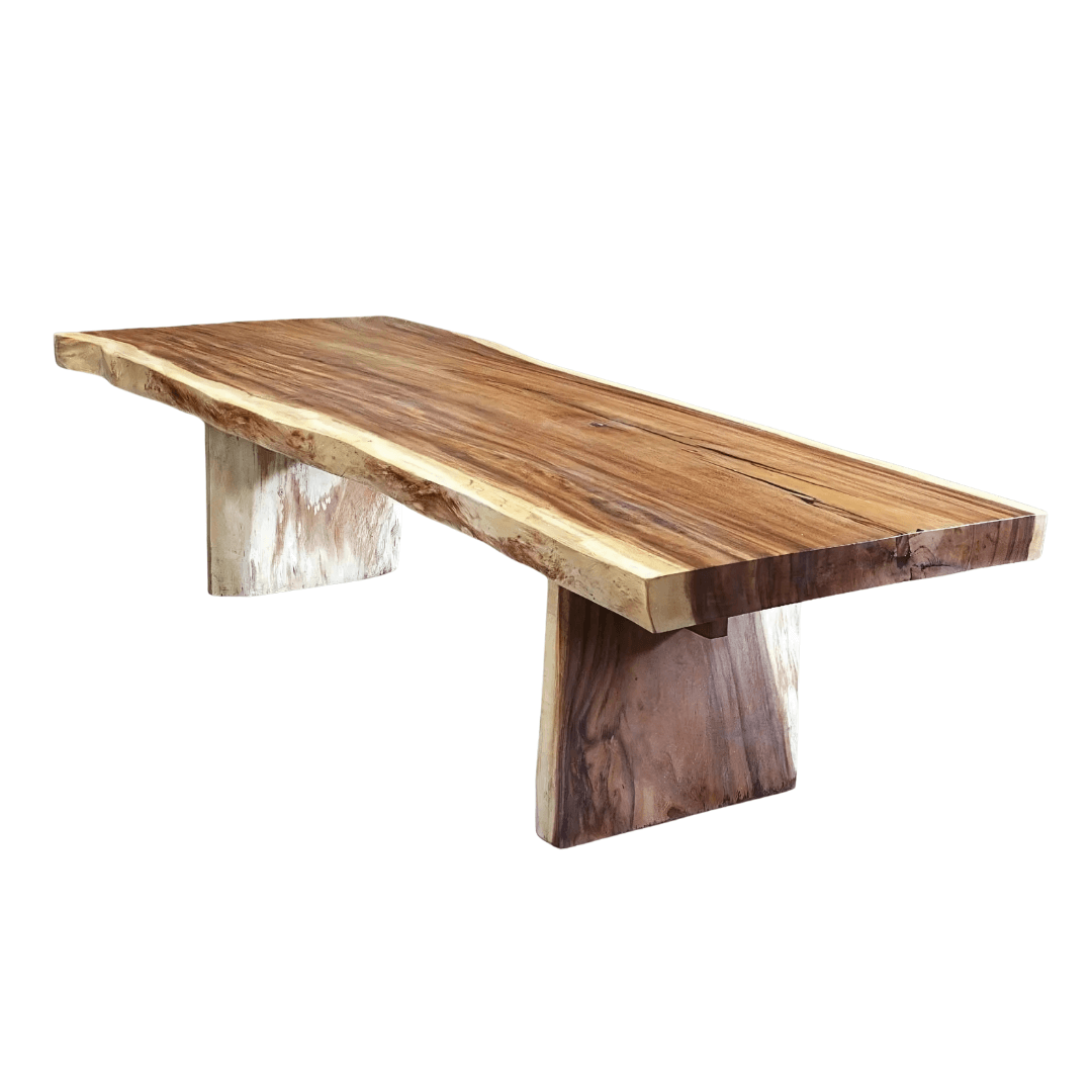 Wooden dining table with a natural finish on a white background