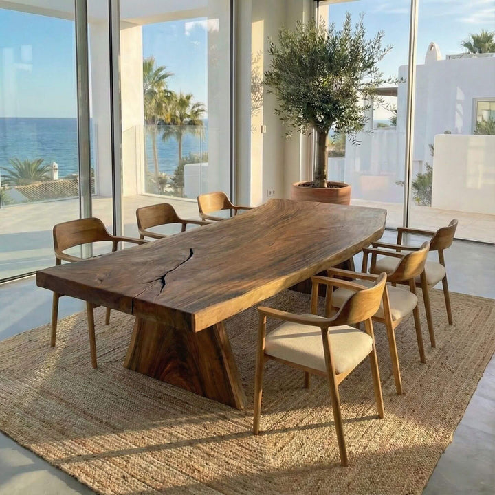 Dining area with a Motu Nui suar wood dining table and Haru dining chairs