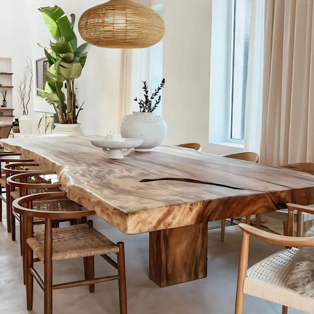 Dining area with a wooden table and chairs in a bright room.