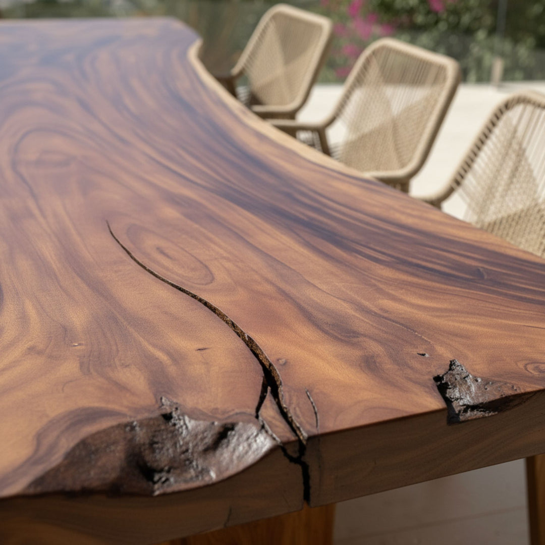 Motui Nui Suar wood dining table with a natural grain pattern outdoors