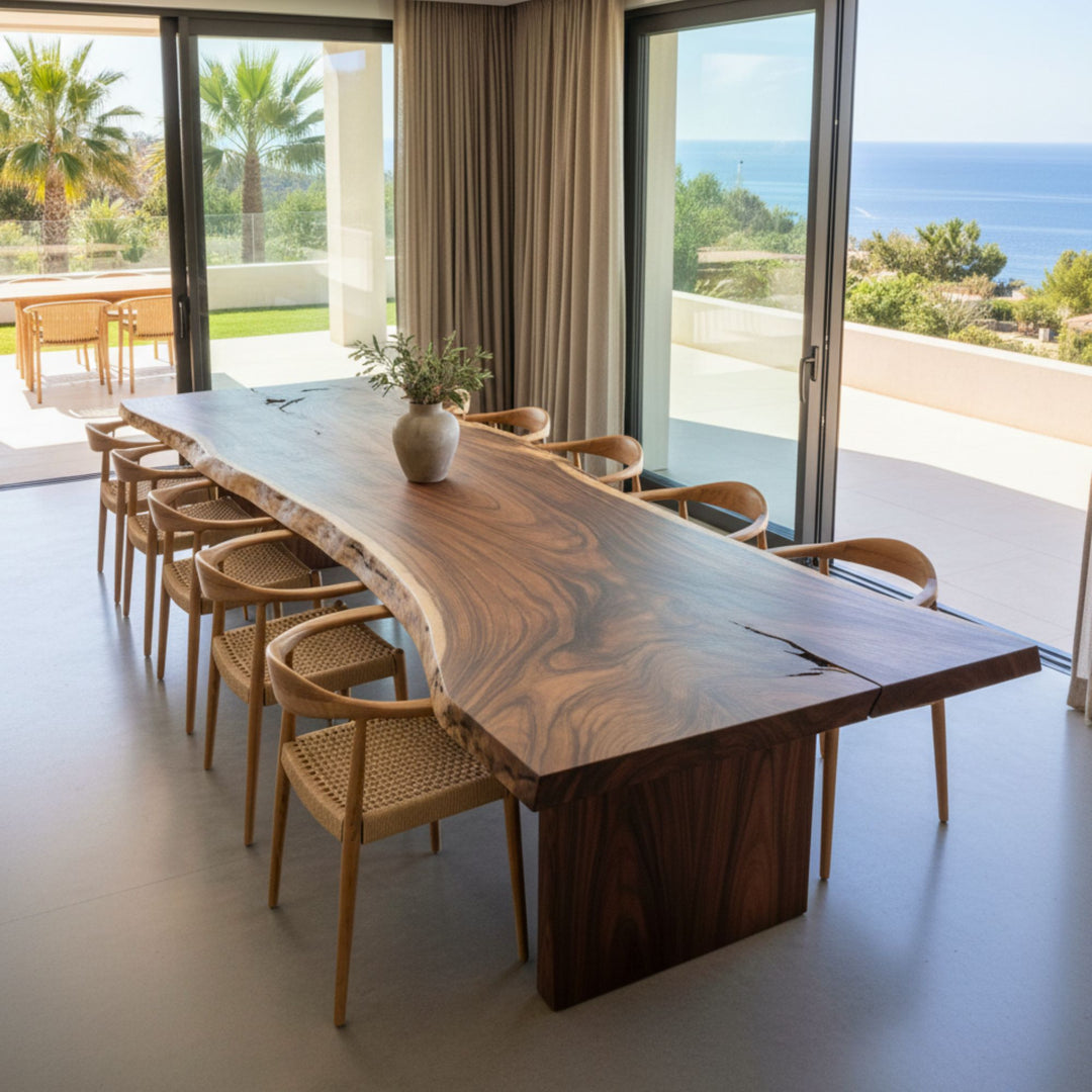 Dining area with a large Motui Nui Suar wood dining table and chairs in a modern home setting.