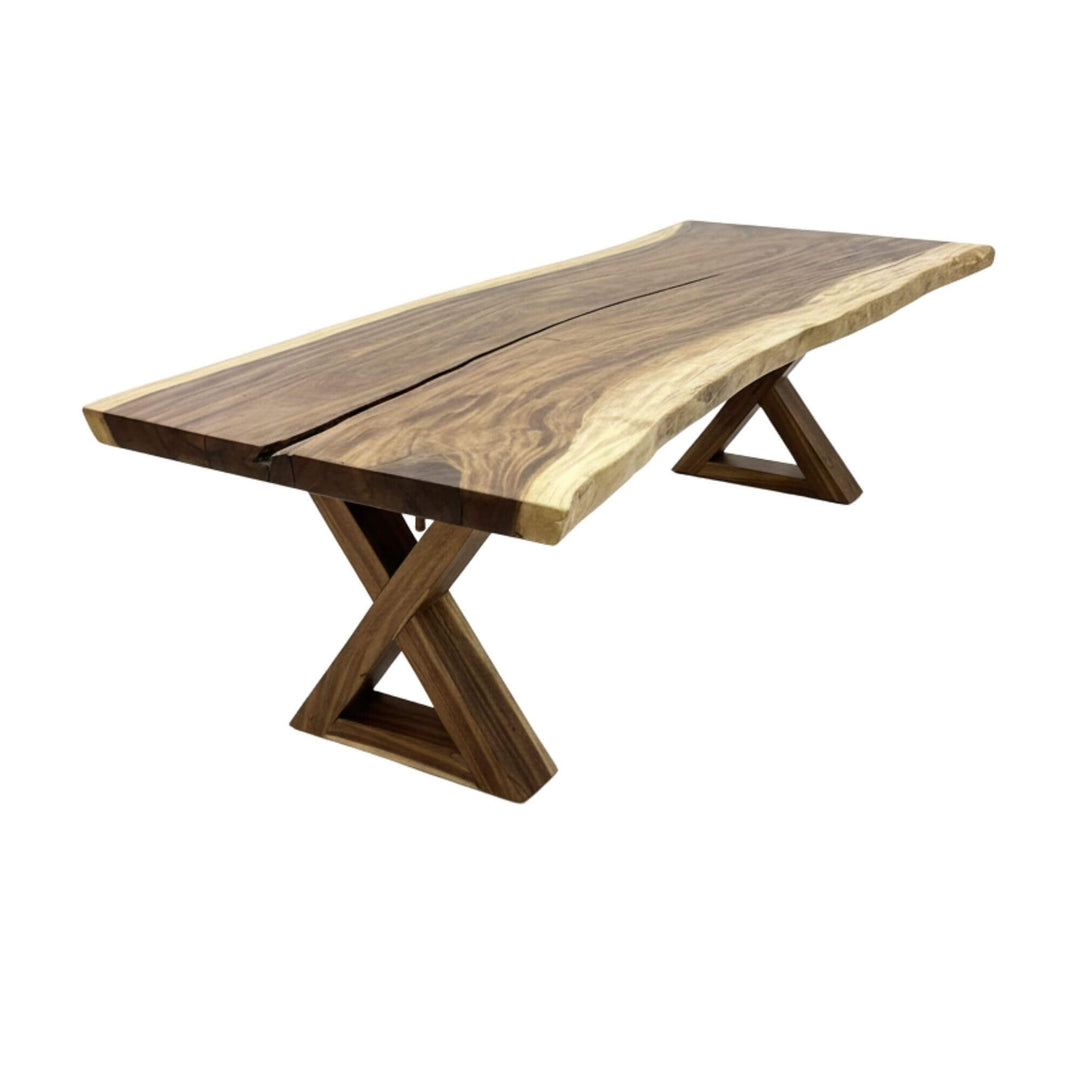 Motu Nui suar wood dining table with a unique X-shaped base on a white background