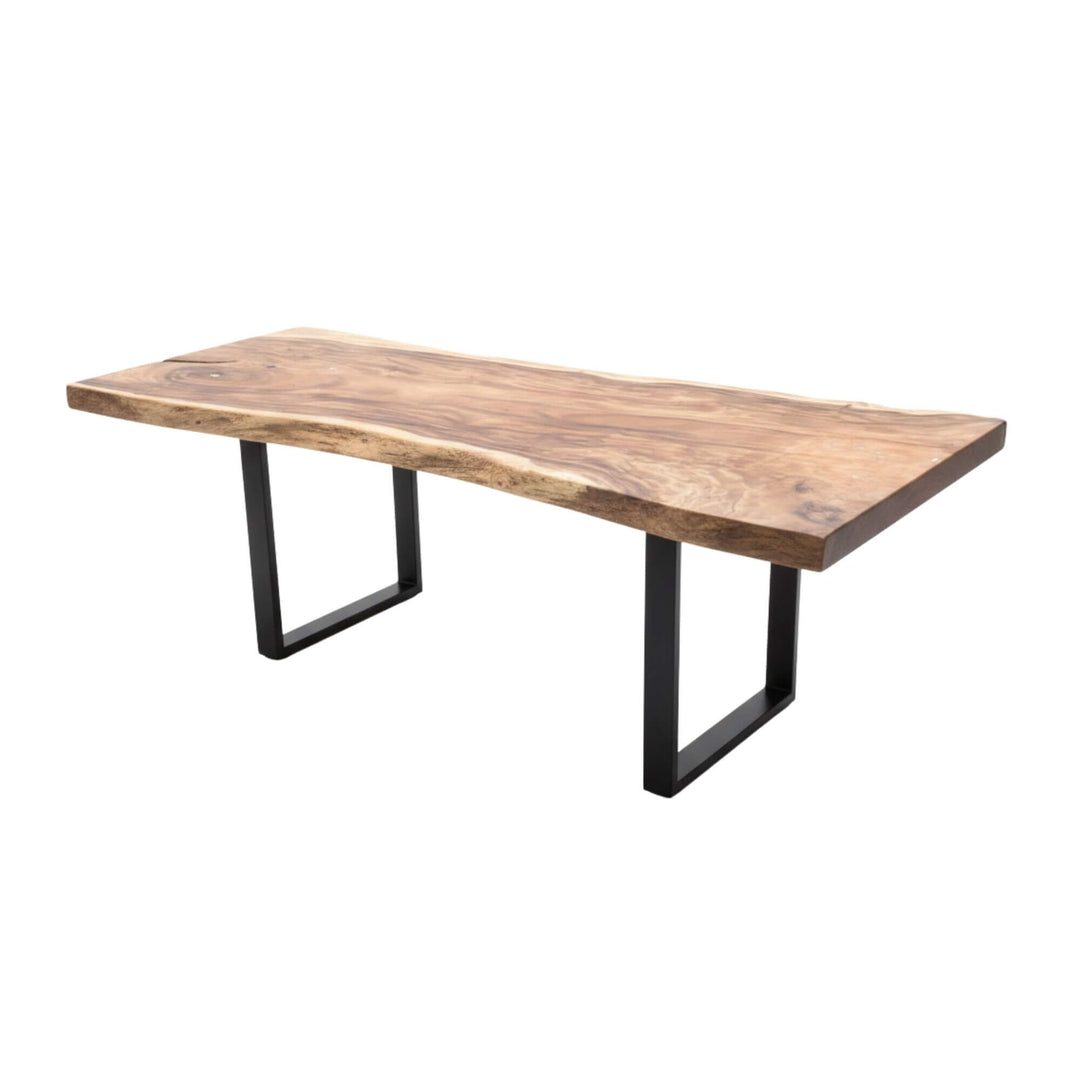 Motu Nui suar wood dining table with black metal legs on a white background