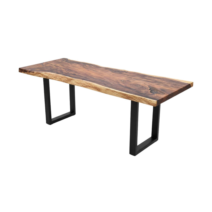 Motui nui suar wood dining table with black metal legs on a white background