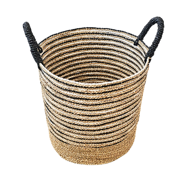 Single large Mughsayl Basket with striped weave and black handles.