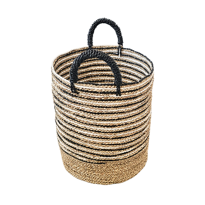 Side angle of Mughsayl Seagrass Basket highlighting texture and stripes.