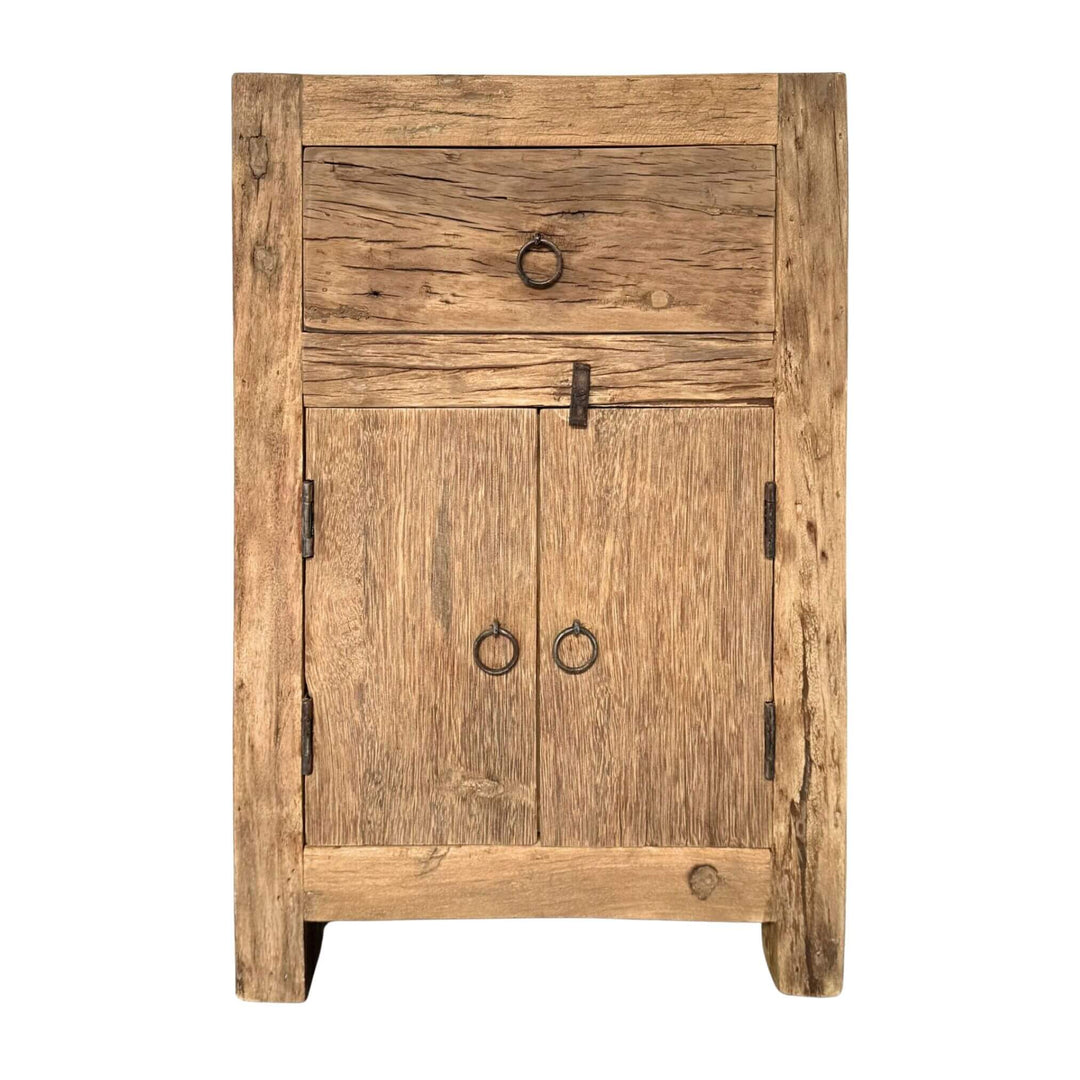 “Munsiyari Bedside Table in reclaimed wood with drawer and cabinet, 43x34x64 cm.”
