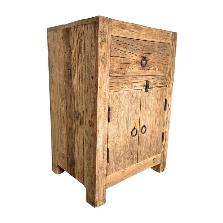 “Munsiyari Bedside Table in reclaimed wood with drawer and cabinet, 43x34x64 cm.”